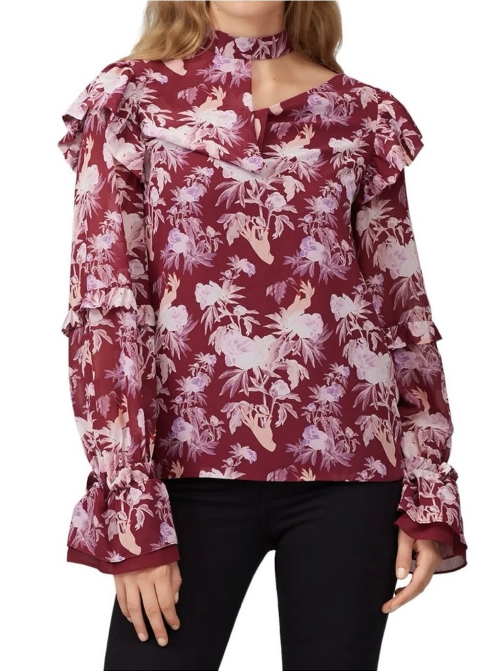 Three Floor β Florry Georgette Asymmetrical Ruffle Choker Blouse Floral 2 - Picture 3 of 17